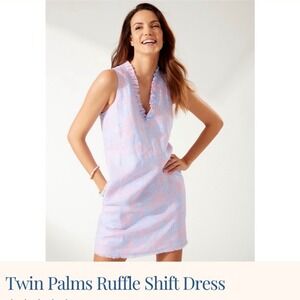 Tommy Bahama Linen Shift Lined Dress Two Palm Tree Ruffle V Neck Sleeveless Sz M